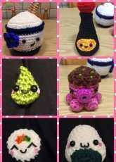 Rice bowl, soja bottle, pinch of wasabi, takoyaki, uramaki & onigiri
