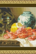 Still Life with Prawns and a Delft Pot By Ekaterina Volkova