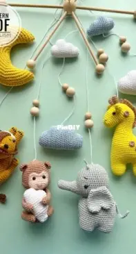 RNata - Natalia Ruzanova - Baby mobile - Safari Toys: Giraffe, elephant, lion, Monkey, moon and clouds