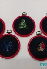 Cross stitch hoop ornaments.