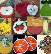 Potholder Collection - Acorn,  Apple Hot Pad,  Apple,  Purple Kitty Yarn Apple , Asparagus,  Coats & Clark's Banana, Berry Cute, Bowl of Peaches, Orange Blossom, A Slice of Summer, Ripple, Free Open-face Sandwich, Watermelon